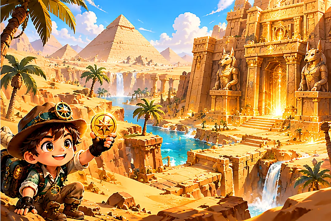 Sunny desert, golden sandstone temples and explorer mascot