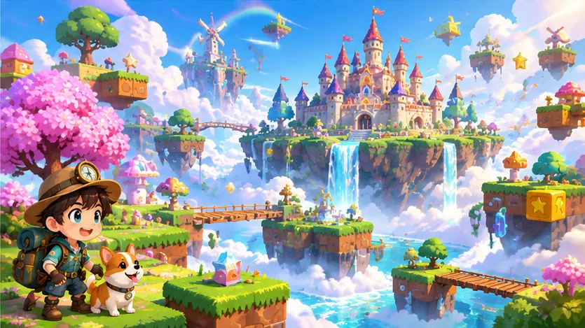 Pixel Kingdom, bright fantasy game world with playful magical scenery
