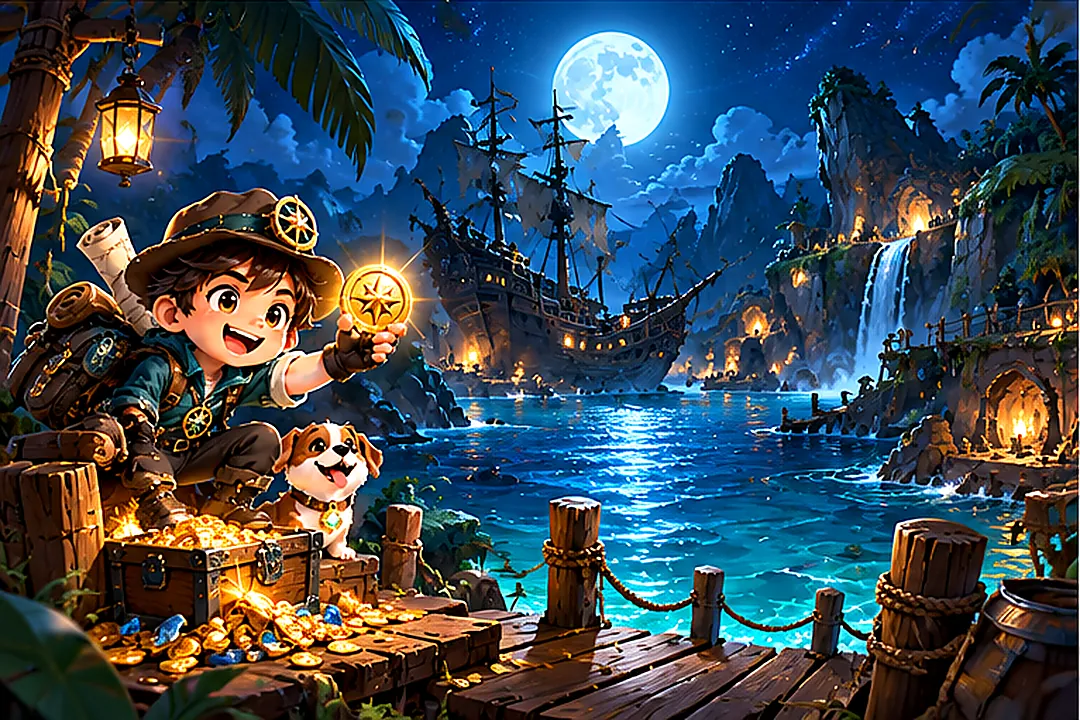 Moonlit pirate ships, glowing sea and treasure at the harbor