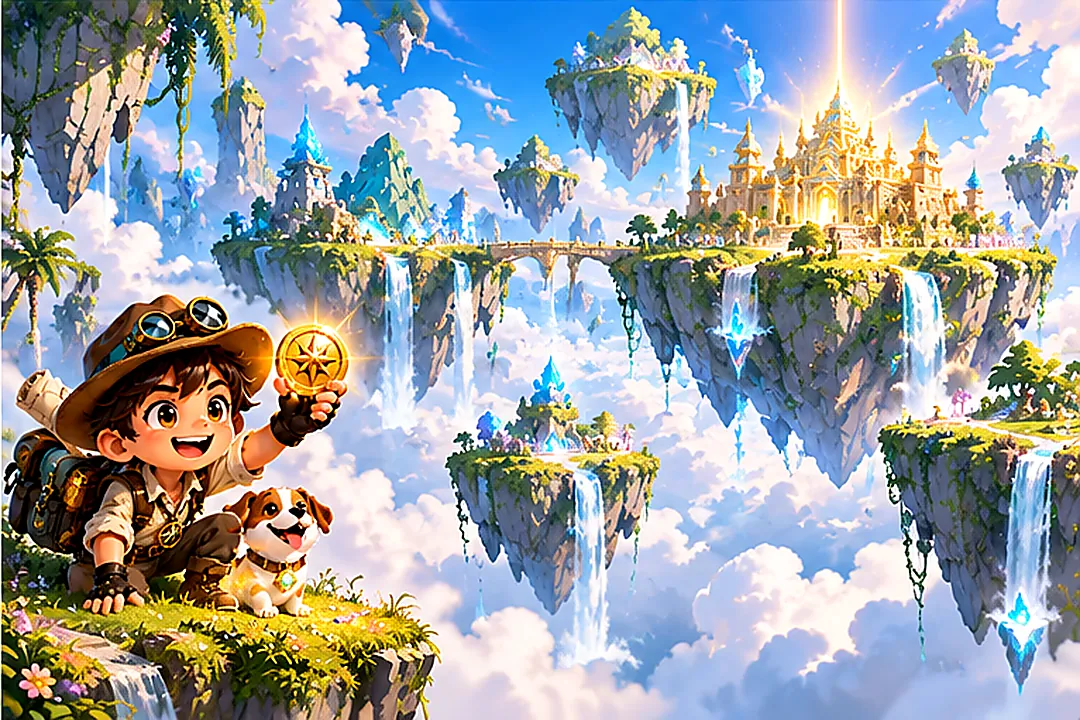Bright floating islands, cloud castles, waterfall and the young explorer